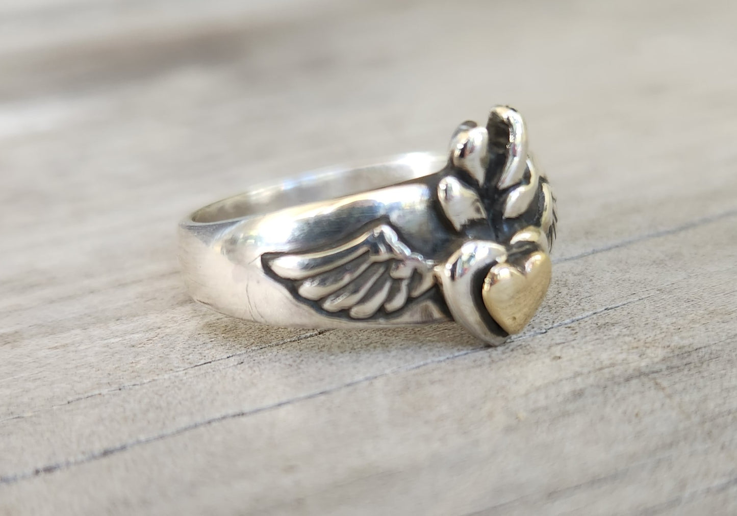 gold sacred heart ring,9k heart and sterling silver,winged goddess band,