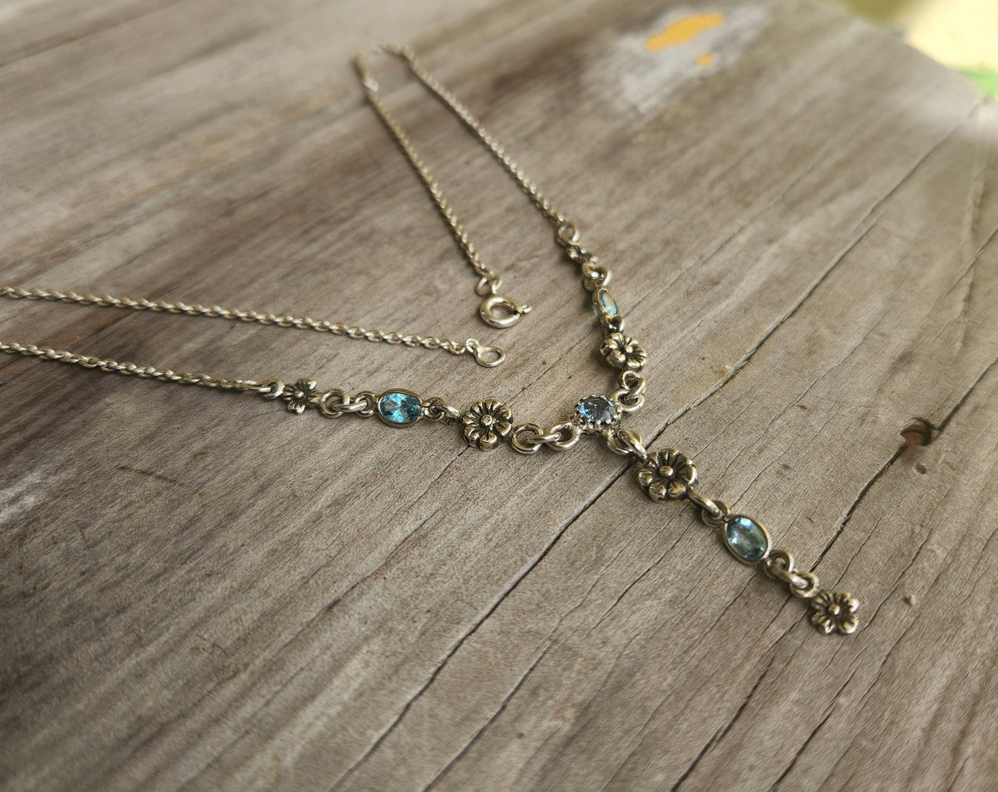 Blue Topaz necklace,925 sterling silver,choker,flowers and gemstones