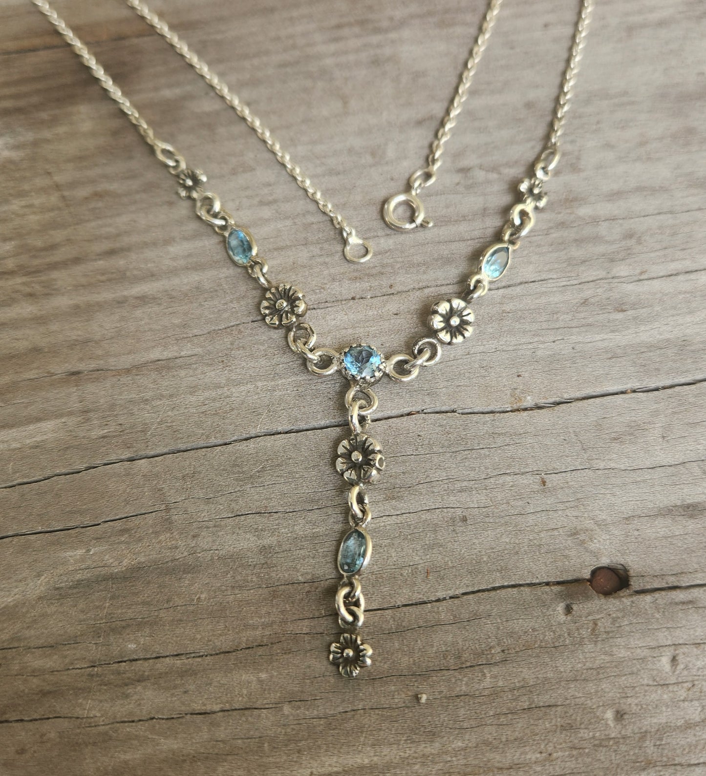 Blue Topaz necklace,925 sterling silver,choker,flowers and gemstones