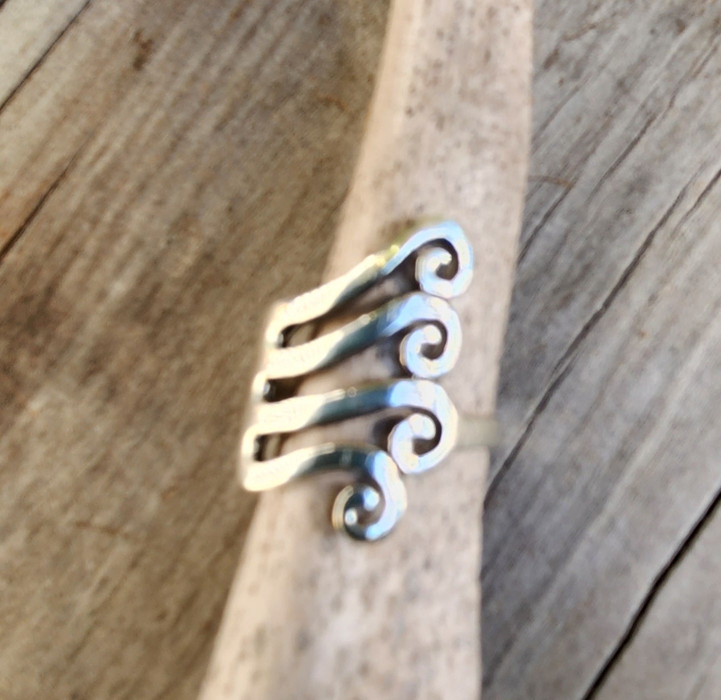 Long silver swirl ring,925 sterling silver,fork style,curls,maori koru,scrolls.