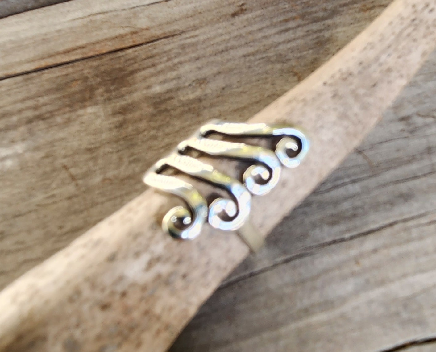 Long silver swirl ring,925 sterling silver,fork style,curls,maori koru,scrolls.
