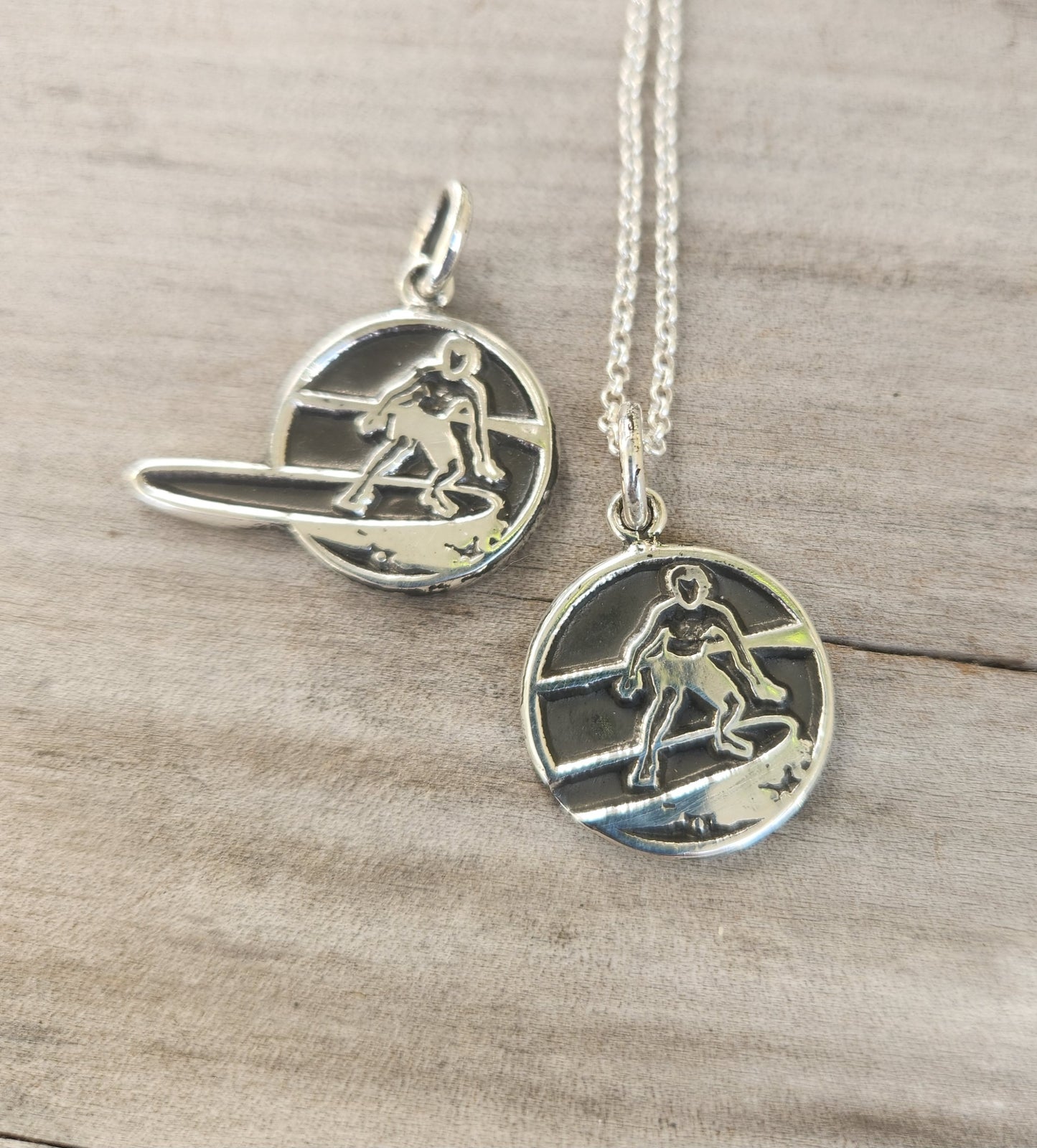 Surfer pendant,925 sterling silver disc, surf board rider,