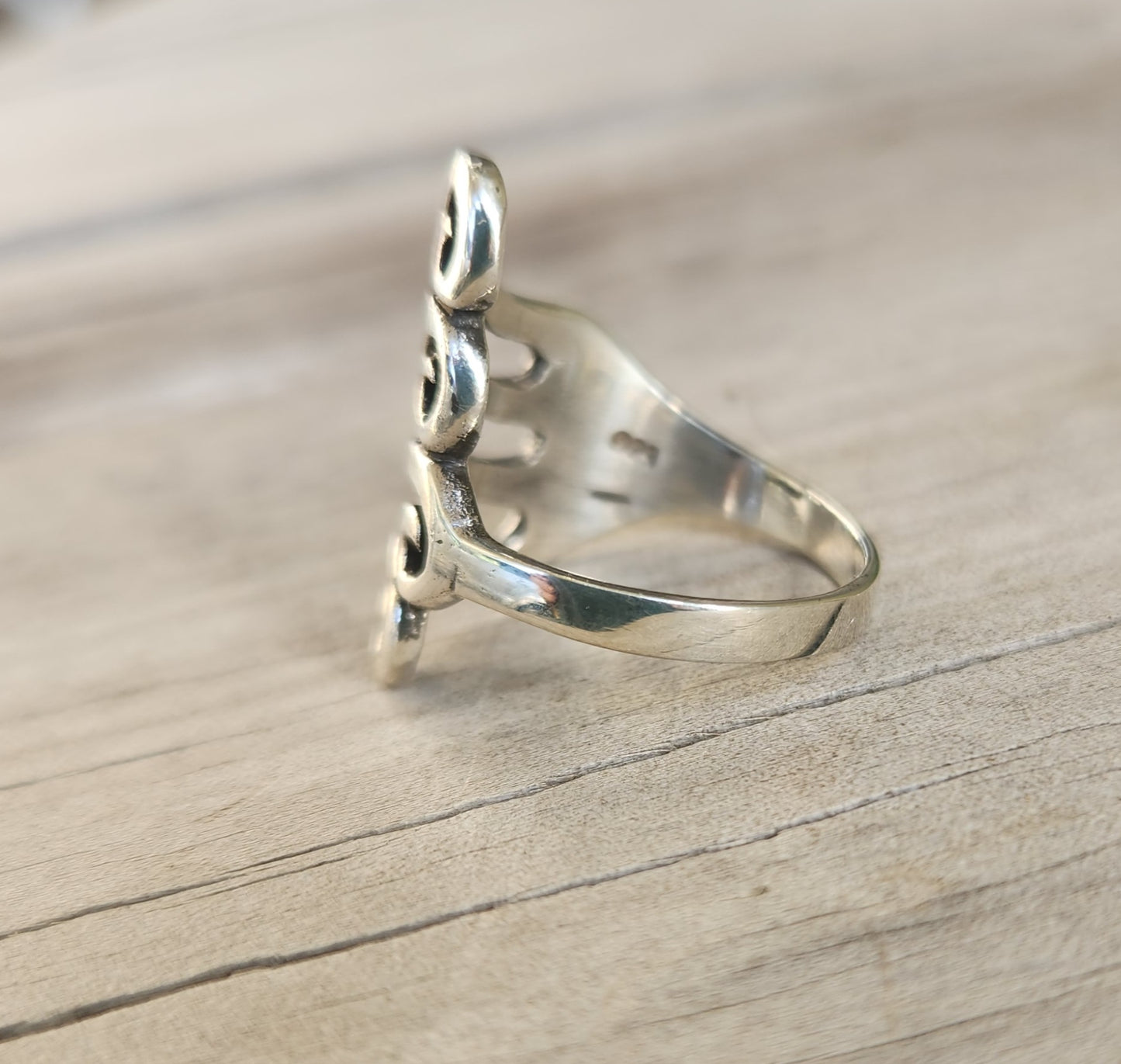 Long silver swirl ring,925 sterling silver,fork style,curls,maori koru,scrolls.
