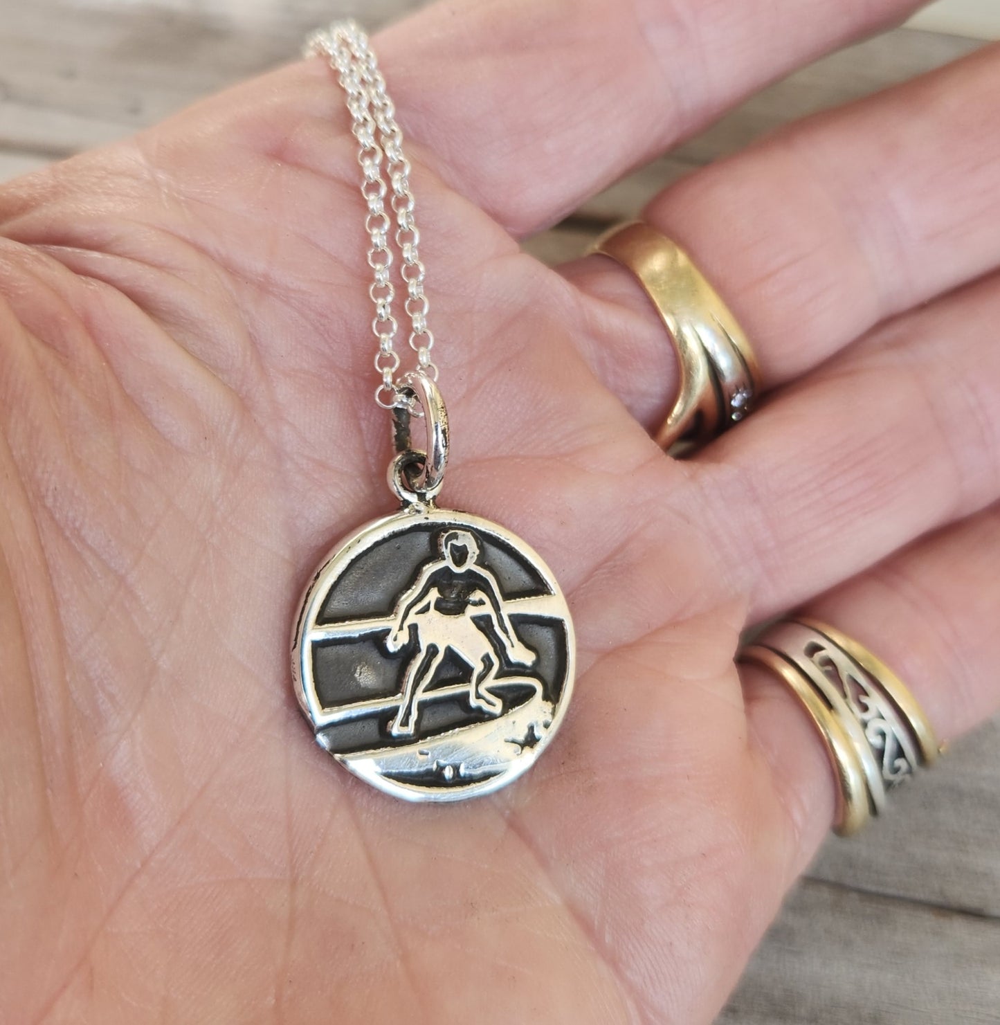 Surfer pendant,925 sterling silver disc, surf board rider,
