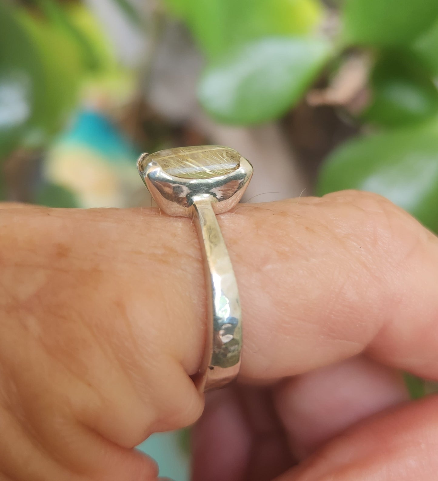 Golden rutilated quartz ring,boho new age,sterling silver,solitare,hammered band