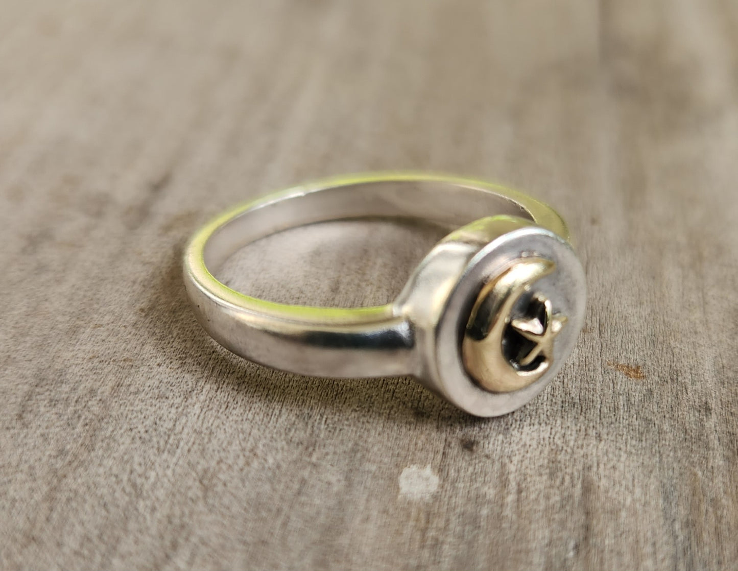 9K Moon Star ring on sterling silver signet ring.two tone, mixed metal
