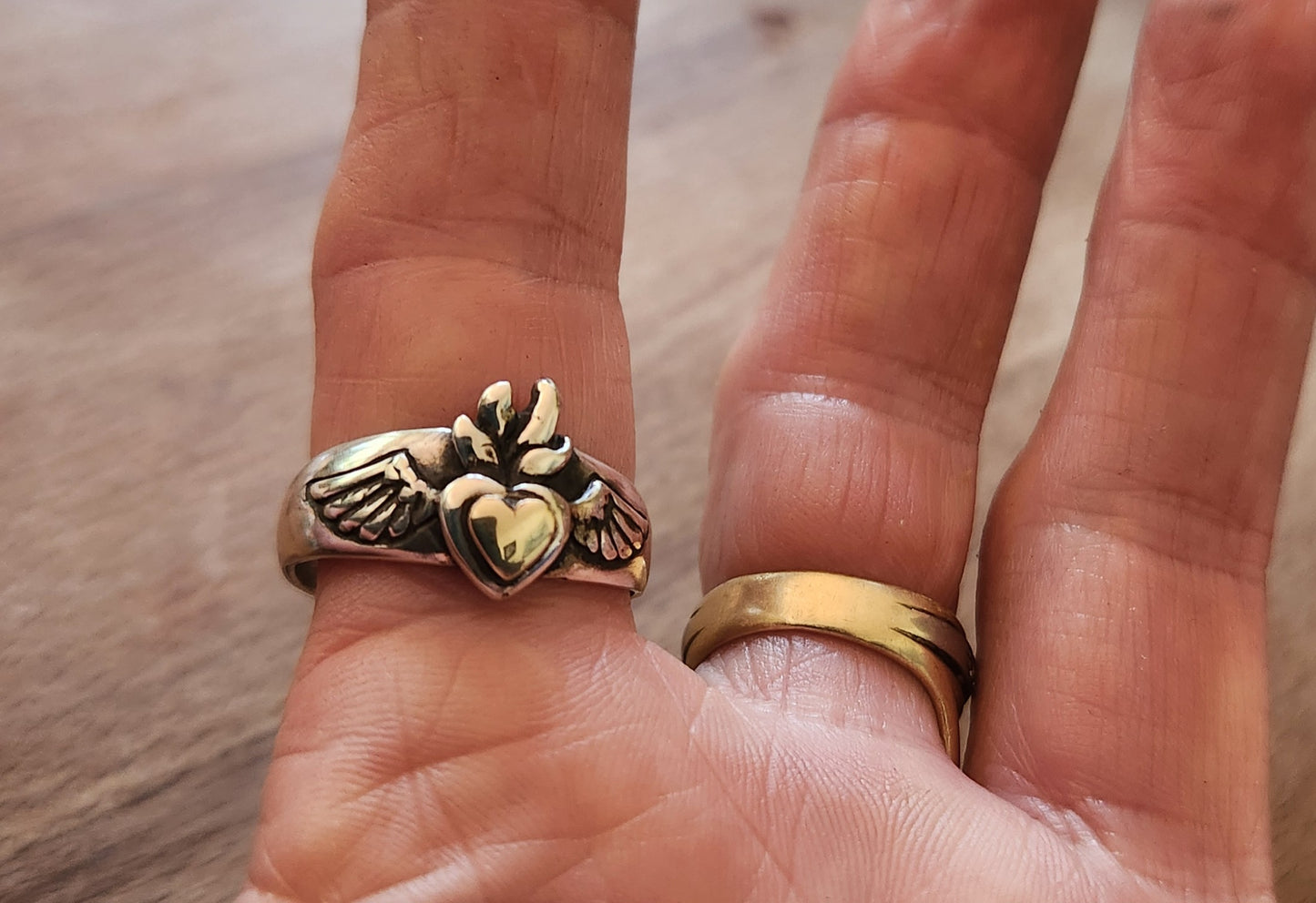 gold sacred heart ring,9k heart and sterling silver,winged goddess band,
