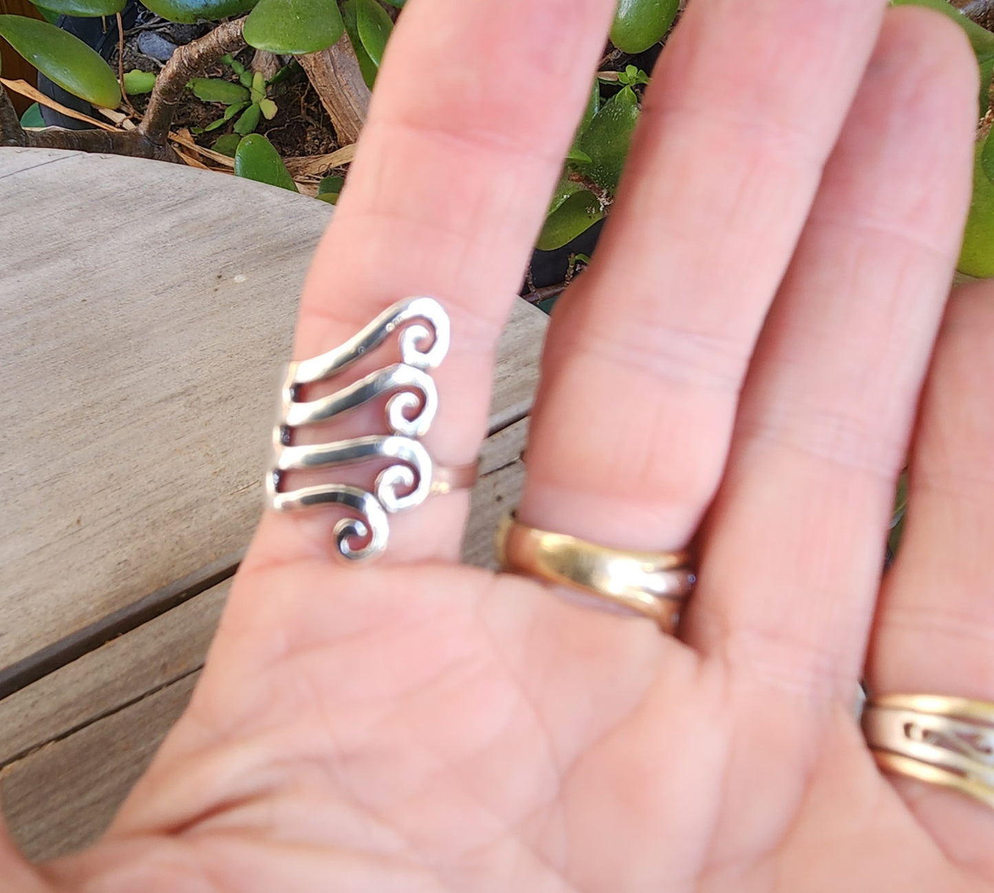 Long silver swirl ring,925 sterling silver,fork style,curls,maori koru,scrolls.