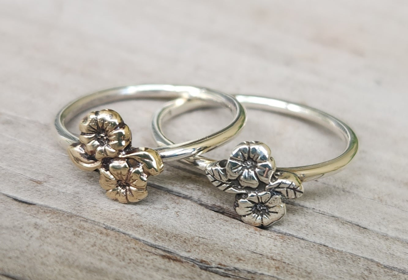 Two tone stacking ring,solid 9k gold flower on sterling silver band,mixed metal flower ring,