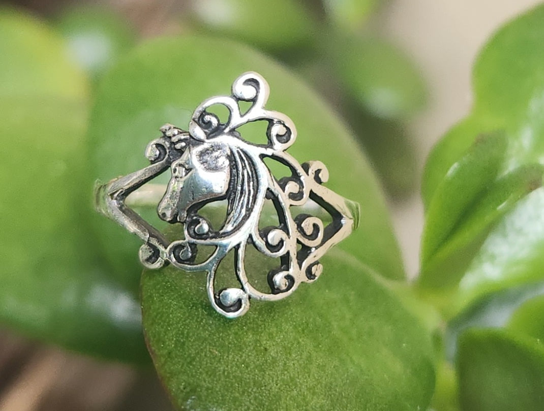 Unicorn ring,sterling silver,Scrolly haired,mythical horse,fantasy ring,new age, boho,hippy,art nouveau,magic,woodland,fairy tale