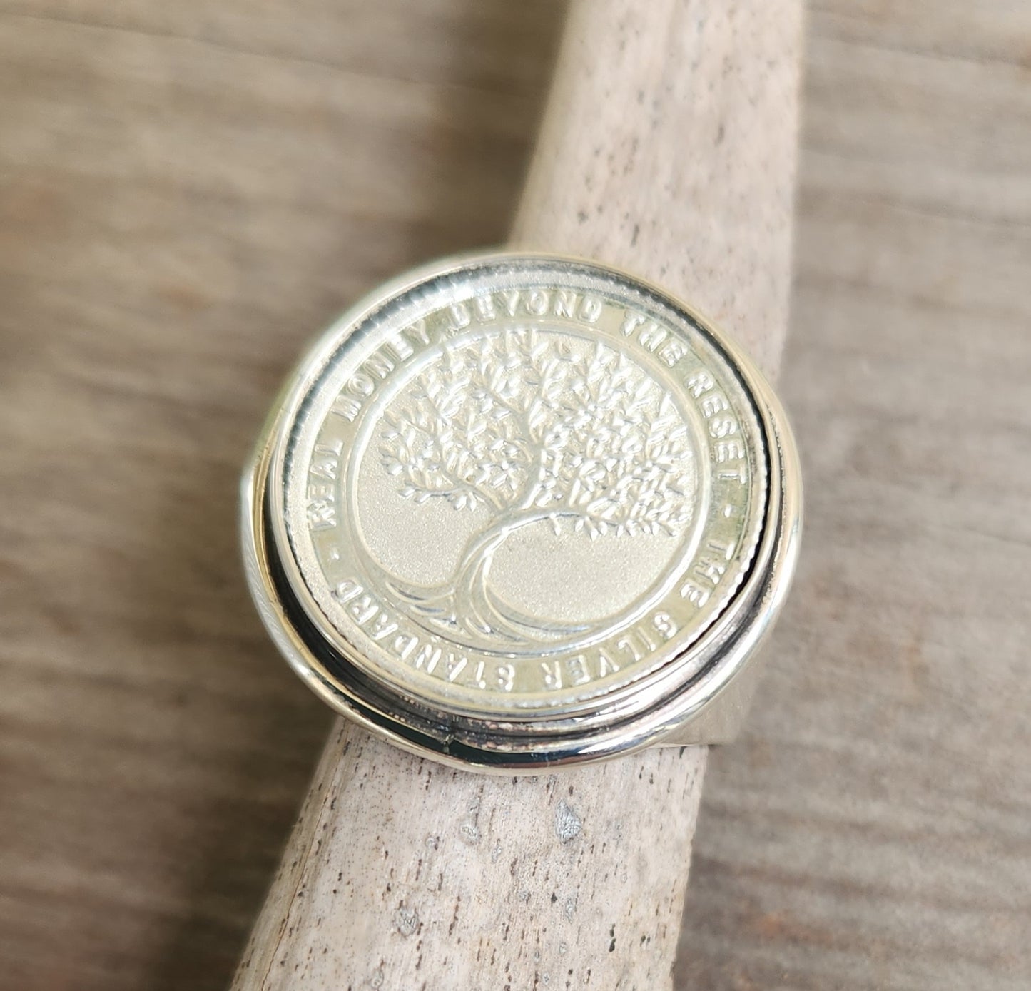 Australian Silver coin ring,99%pure silver minted coin,set in sterling silver "real money beyond the great reset"