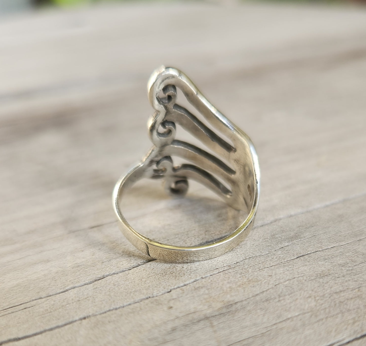 Long silver swirl ring,925 sterling silver,fork style,curls,maori koru,scrolls.