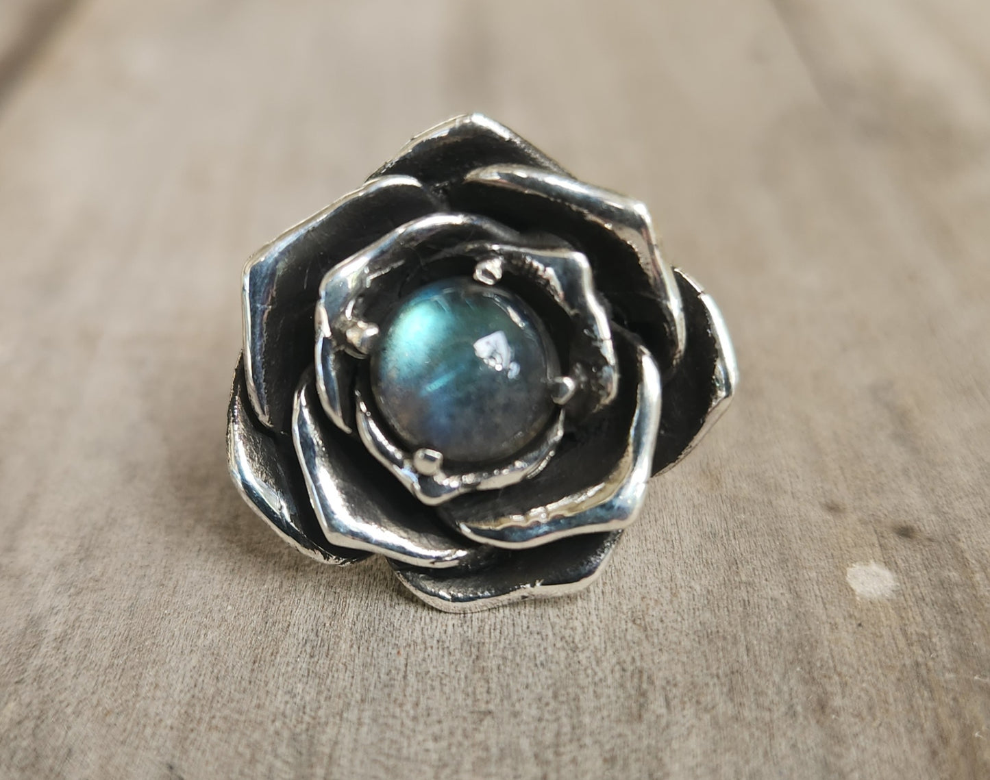 Rose ring,Labradorite,sterling silver,chunky handmade,large rose,boho,chunky ring steampunk, gothic,art nouveau ,victorian