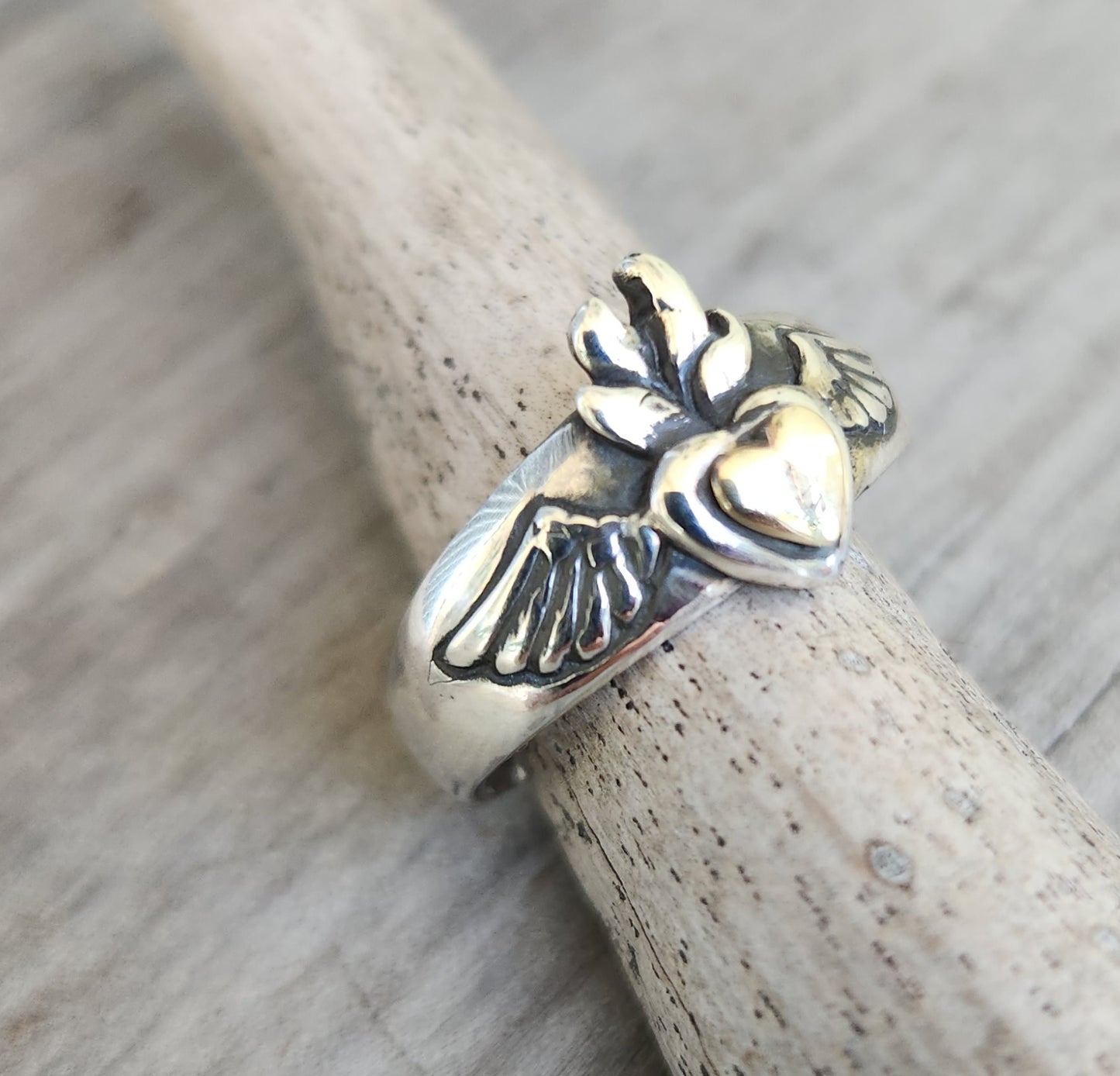 gold sacred heart ring,9k heart and sterling silver,winged goddess band,