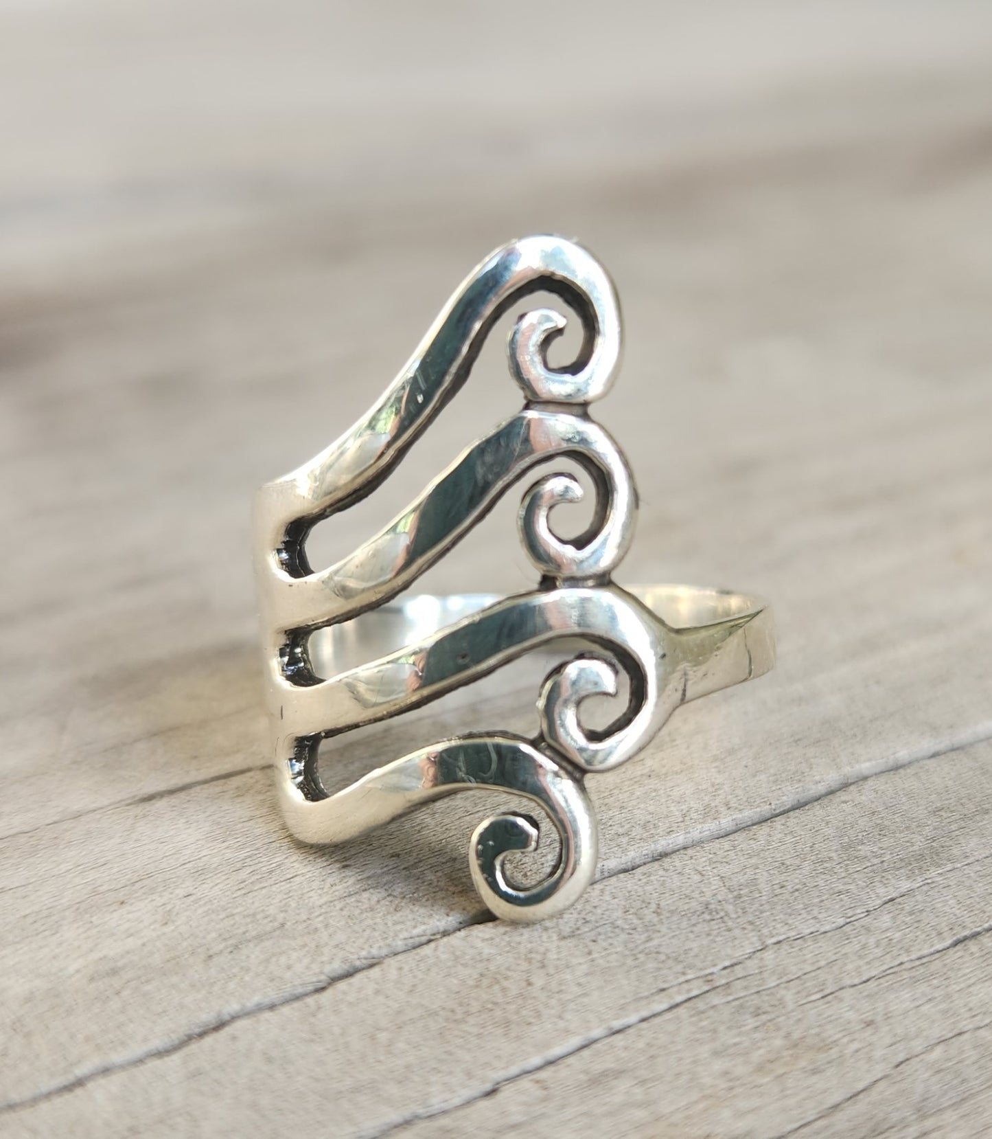 Long silver swirl ring,925 sterling silver,fork style,curls,maori koru,scrolls.
