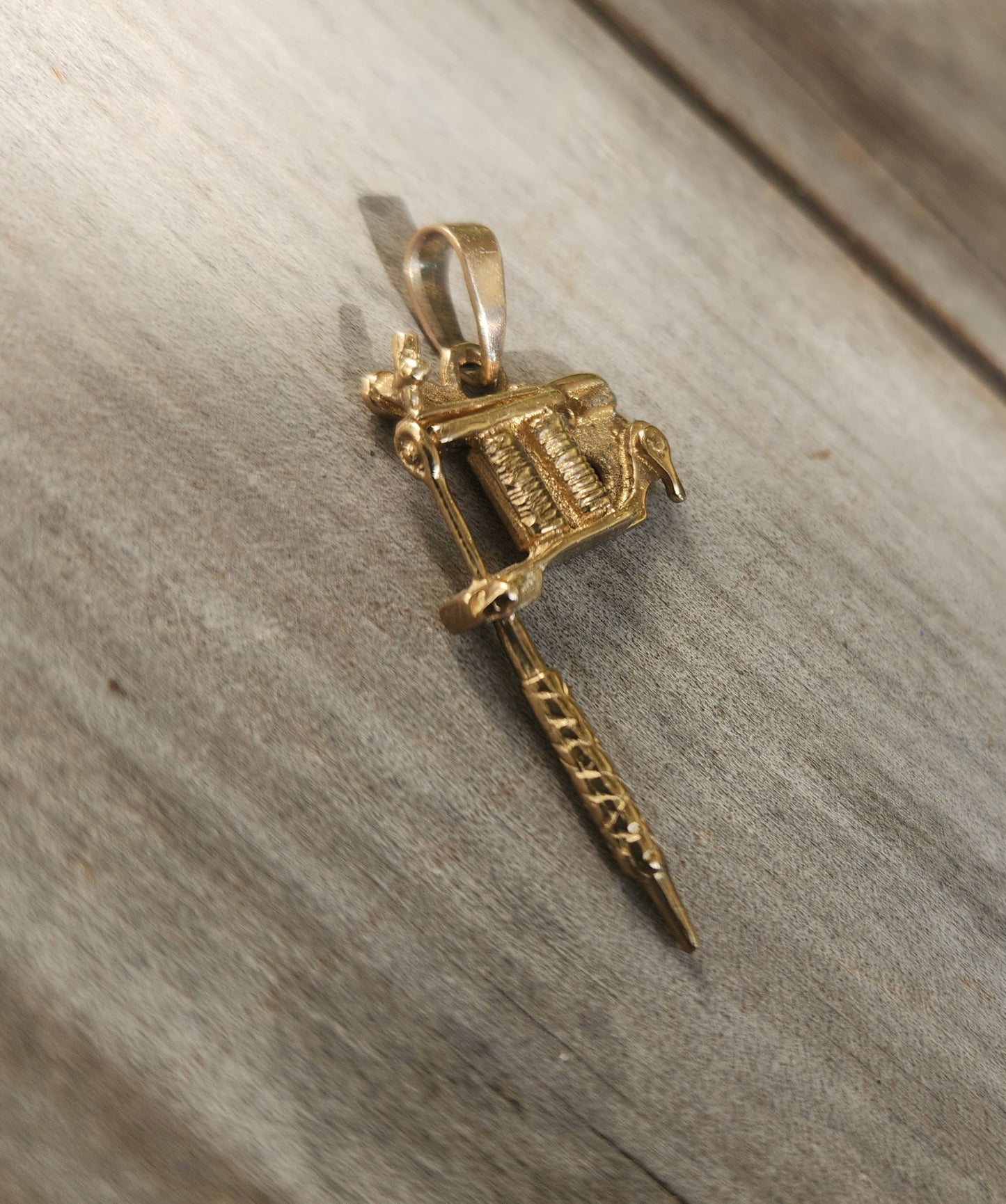 Gold tattoo gun pendant, solid 9k gold,9ct tattoo gun long pendant.