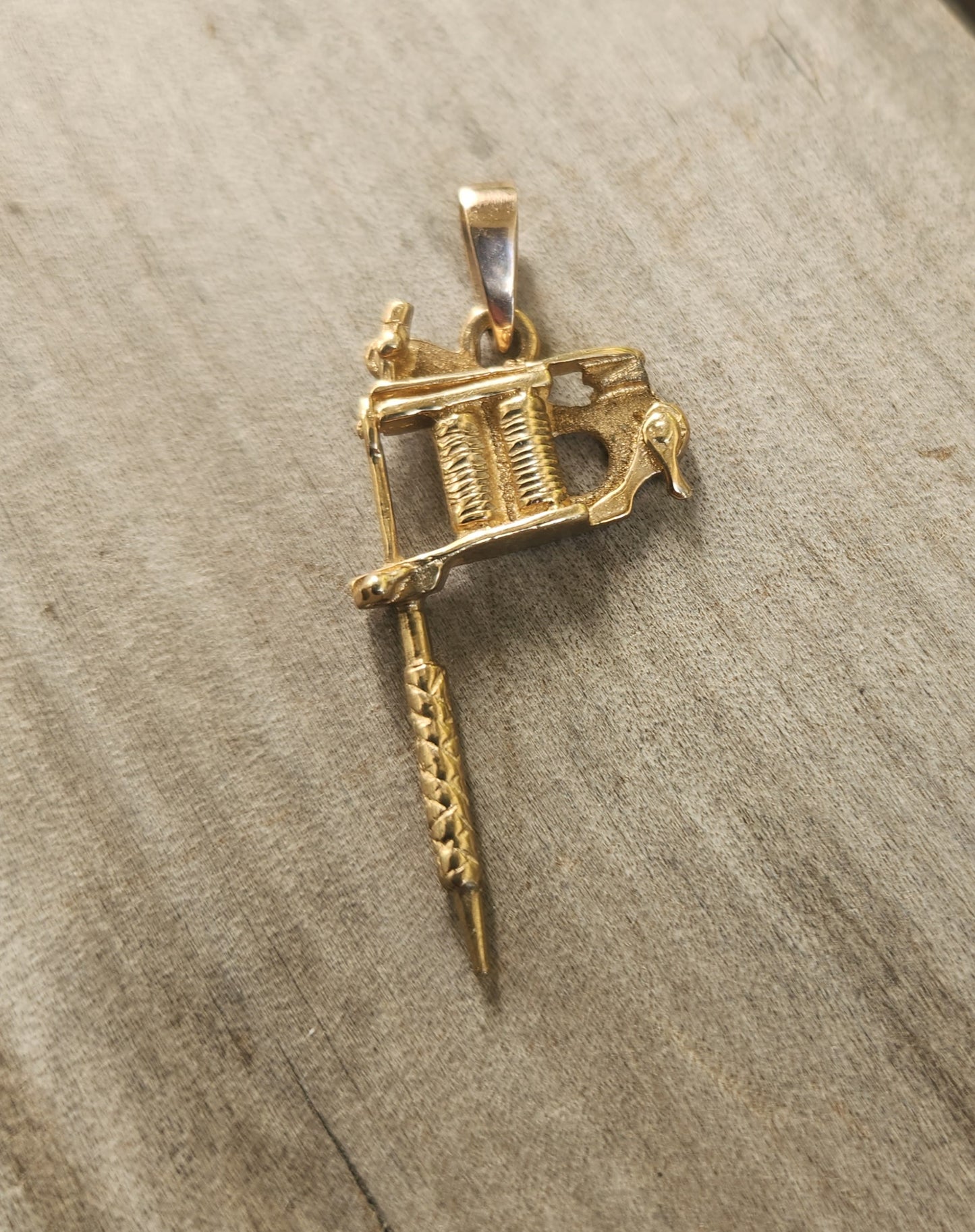Gold tattoo gun pendant, solid 9k gold,9ct tattoo gun long pendant.