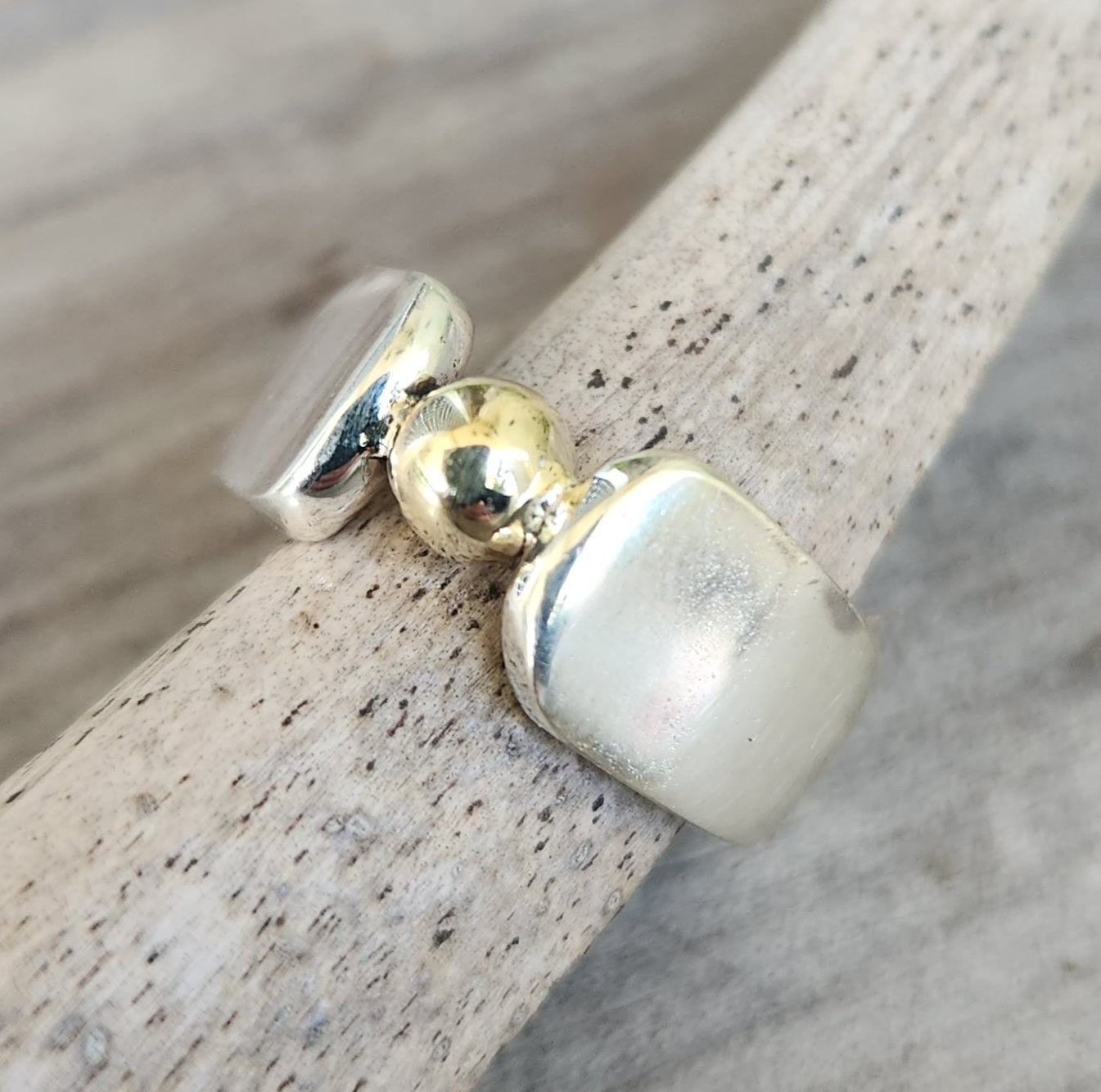 9k ball ring,925 sterling silver,two tone band,mixed metal band,