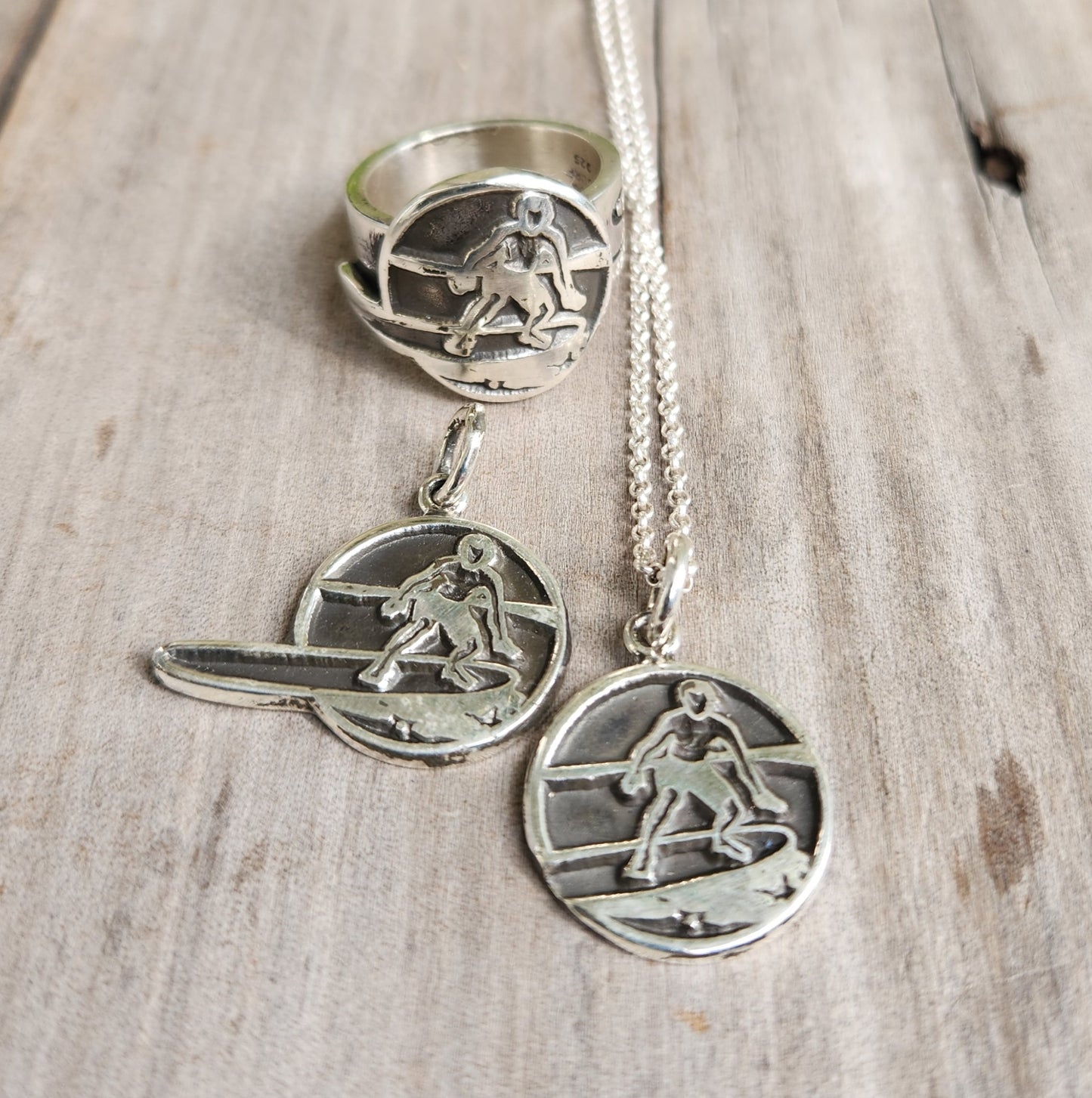 Surfer pendant,925 sterling silver disc, surf board rider,