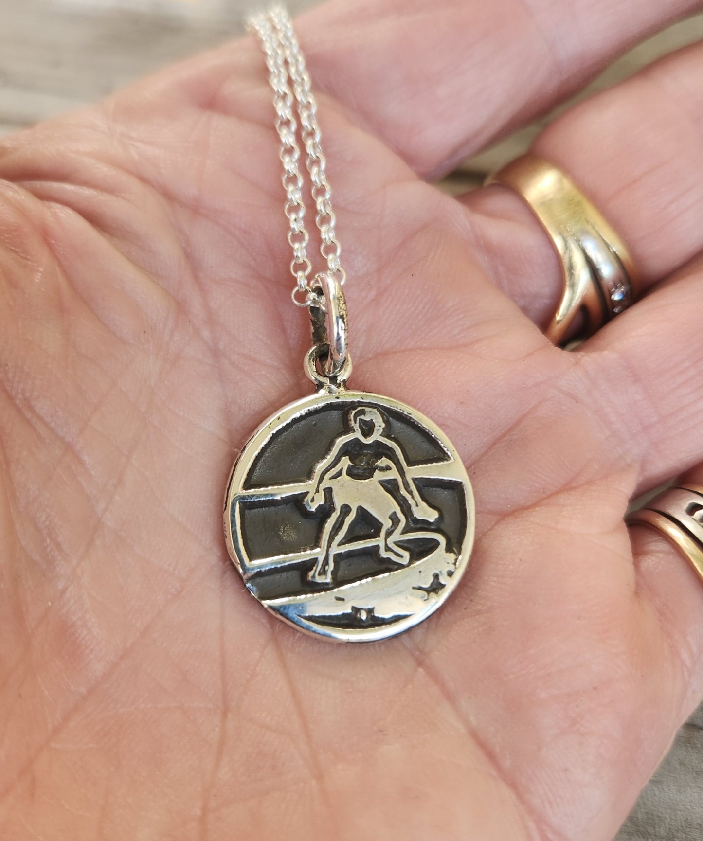 Surfer pendant,925 sterling silver disc, surf board rider,