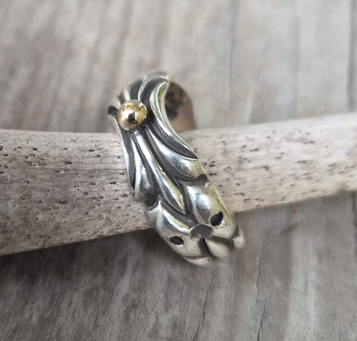 Two tone heart ring,9k Gold heart on 925 sterling silver band,handmade