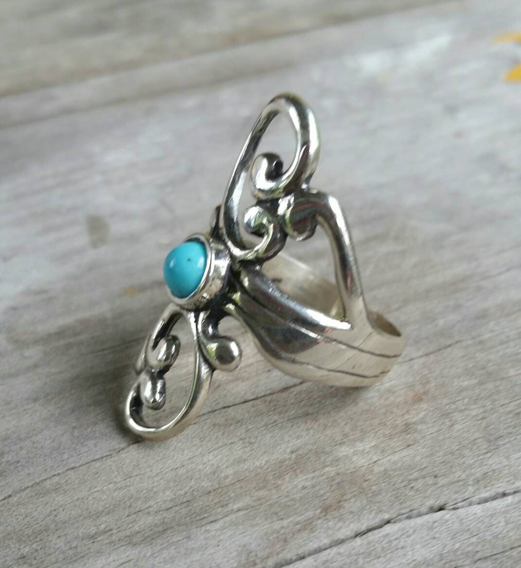 turquoise ring,scroll,long ring,art nouveau,boho,sterling Silver,alternative,tribal,gypsy,boho,handmade,goddess,funky,swirl,designer,new age