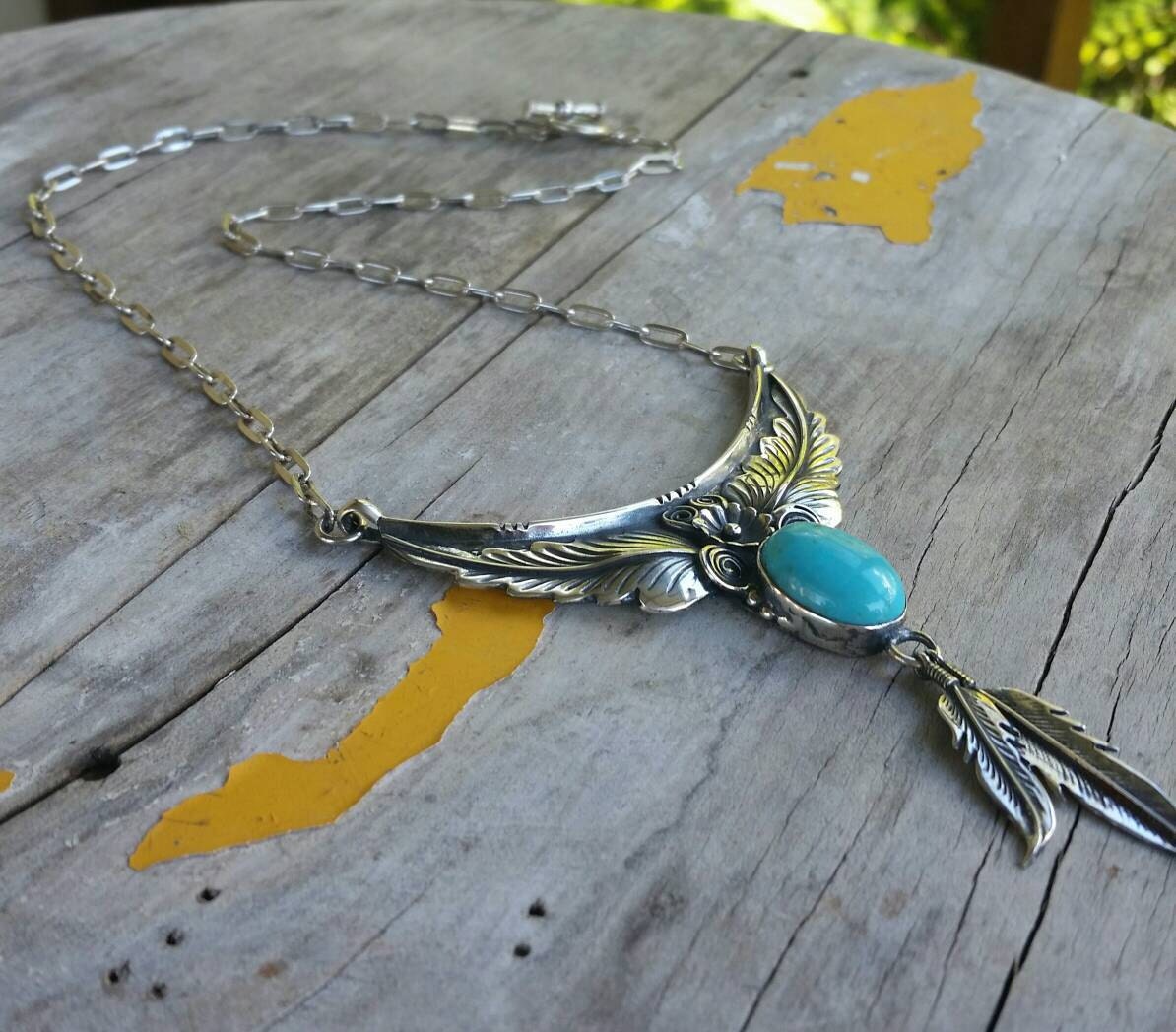 Large Hemitite feather sterling silver Navajo Indian style necklace pendant
