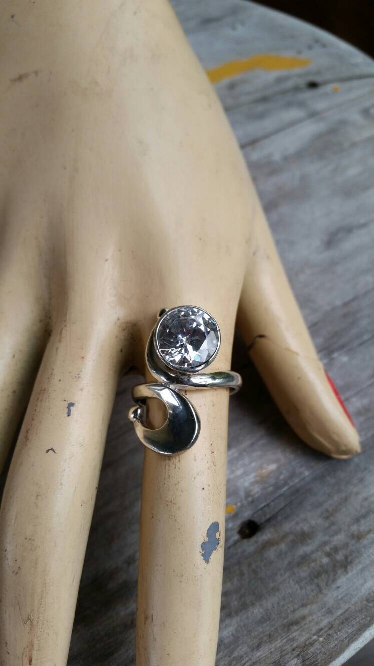 Amethyst cz,Long ring,sterling silver,handmade,scroll, purple cubic zirconia,boho,retro,women's fashion,rockabilly,hippy,stone ring,