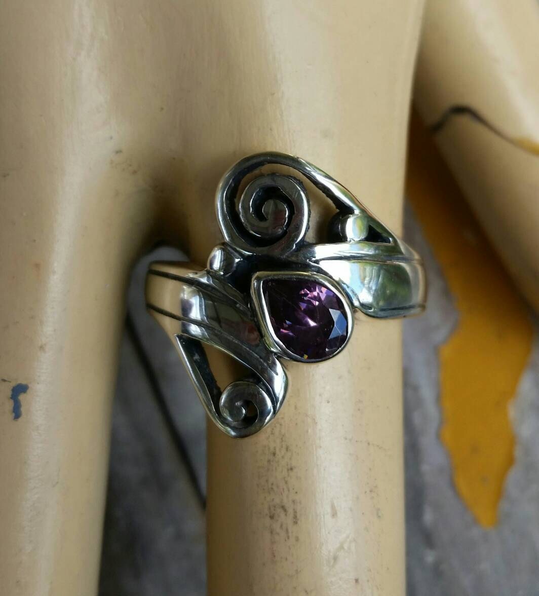 RESERVED sterling silver amethyst scroll ring steampunk gothic art nouveau celtic tribal swirl boho gypsy hippy