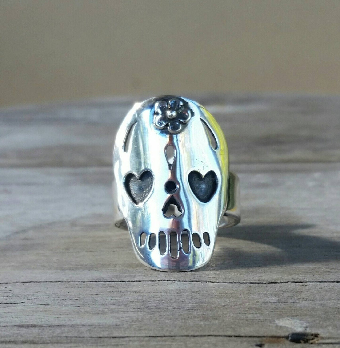 sugar skull,925 sterling silver,day of the dead, skull,steampunk,gothic, punk,large skull ,long silver ring,handmade,