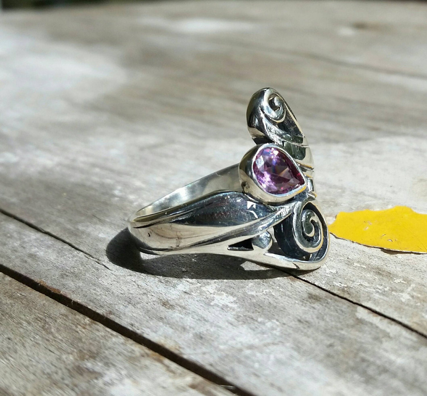 RESERVED sterling silver amethyst scroll ring steampunk gothic art nouveau celtic tribal swirl boho gypsy hippy