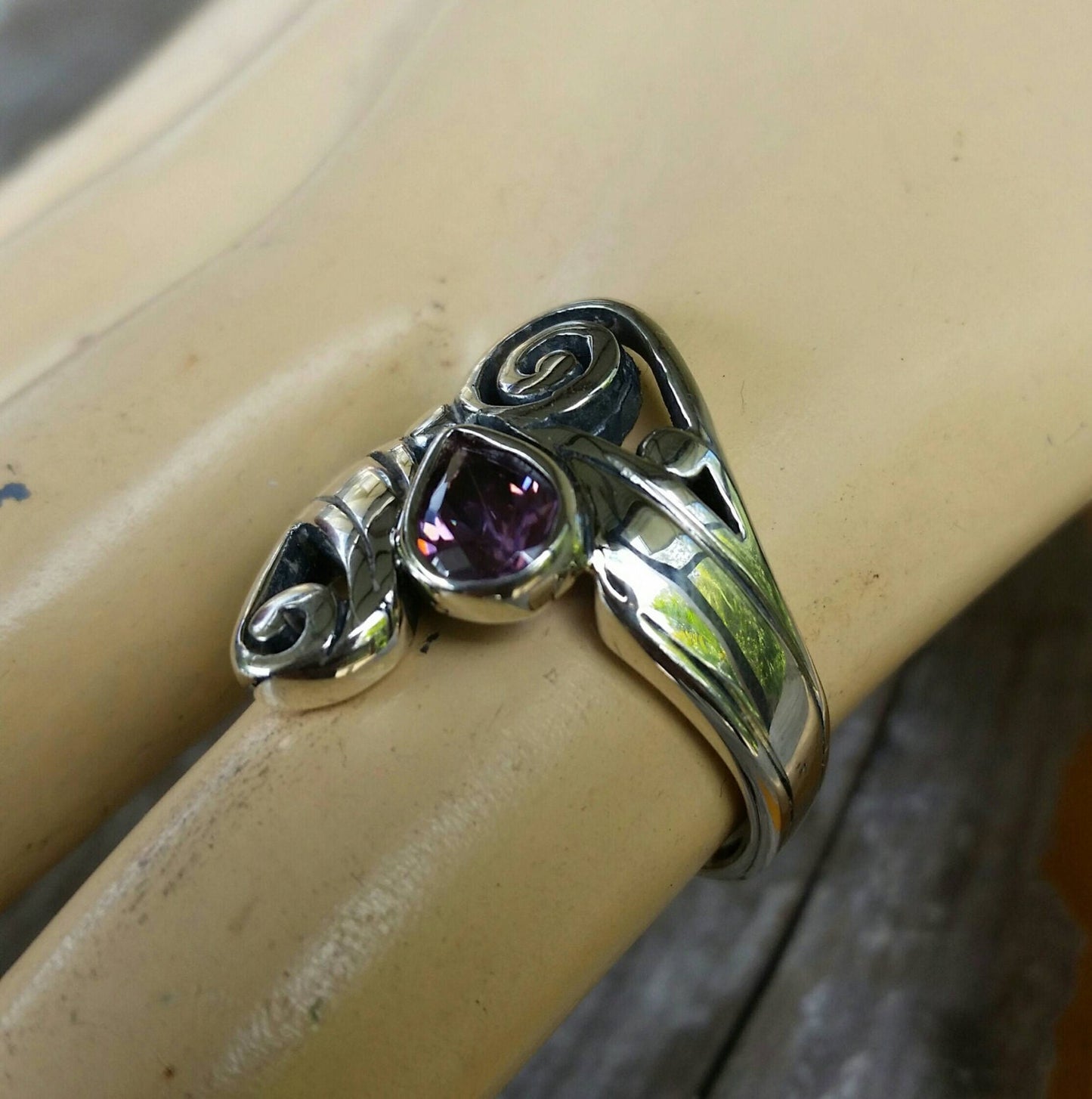 RESERVED sterling silver amethyst scroll ring steampunk gothic art nouveau celtic tribal swirl boho gypsy hippy