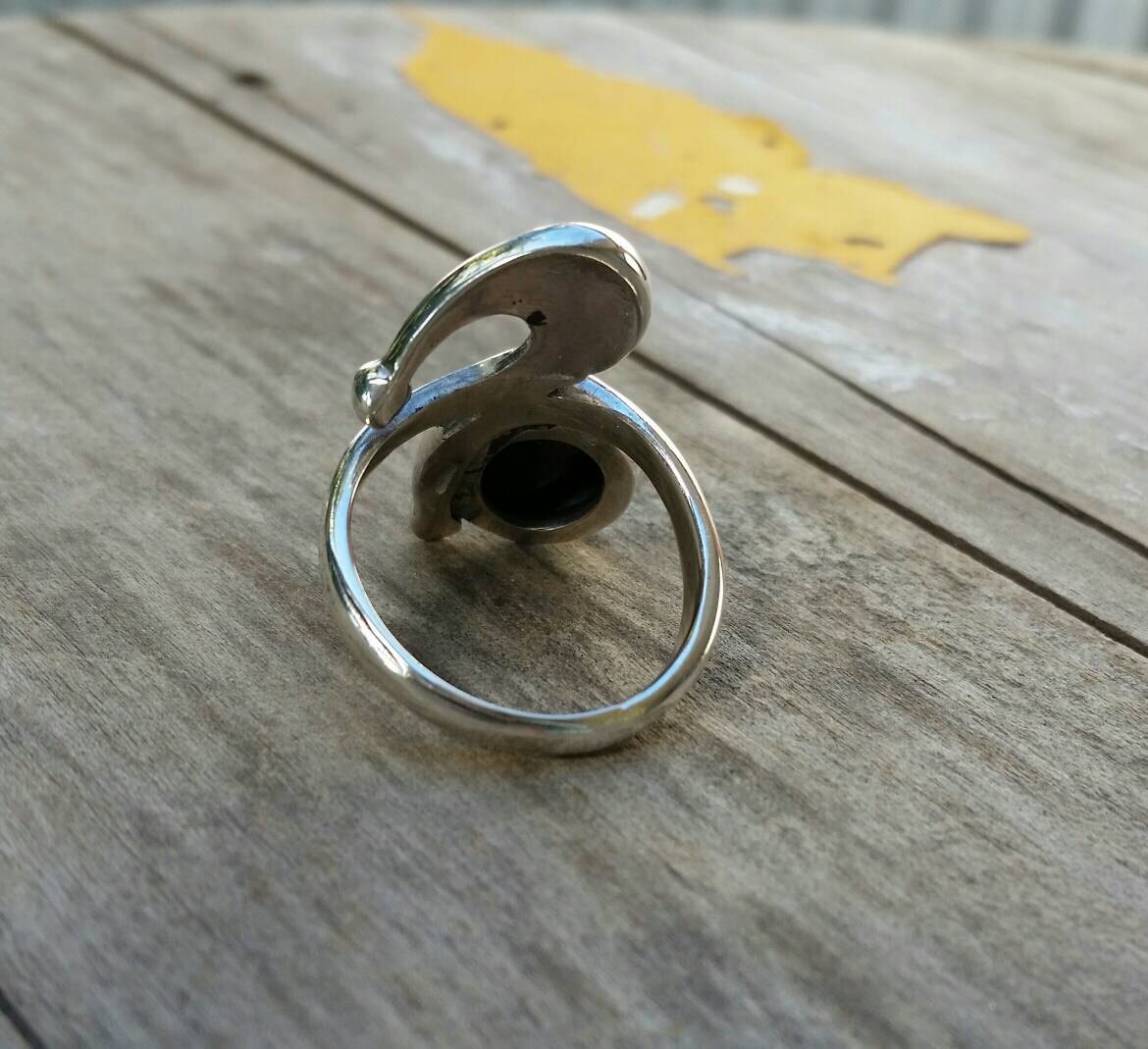 Long turquoise ring sterling silver art deco art nouveau swirl.