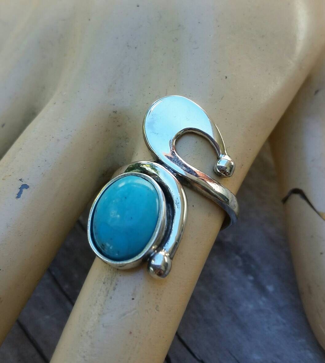 Long turquoise ring sterling silver art deco art nouveau swirl.