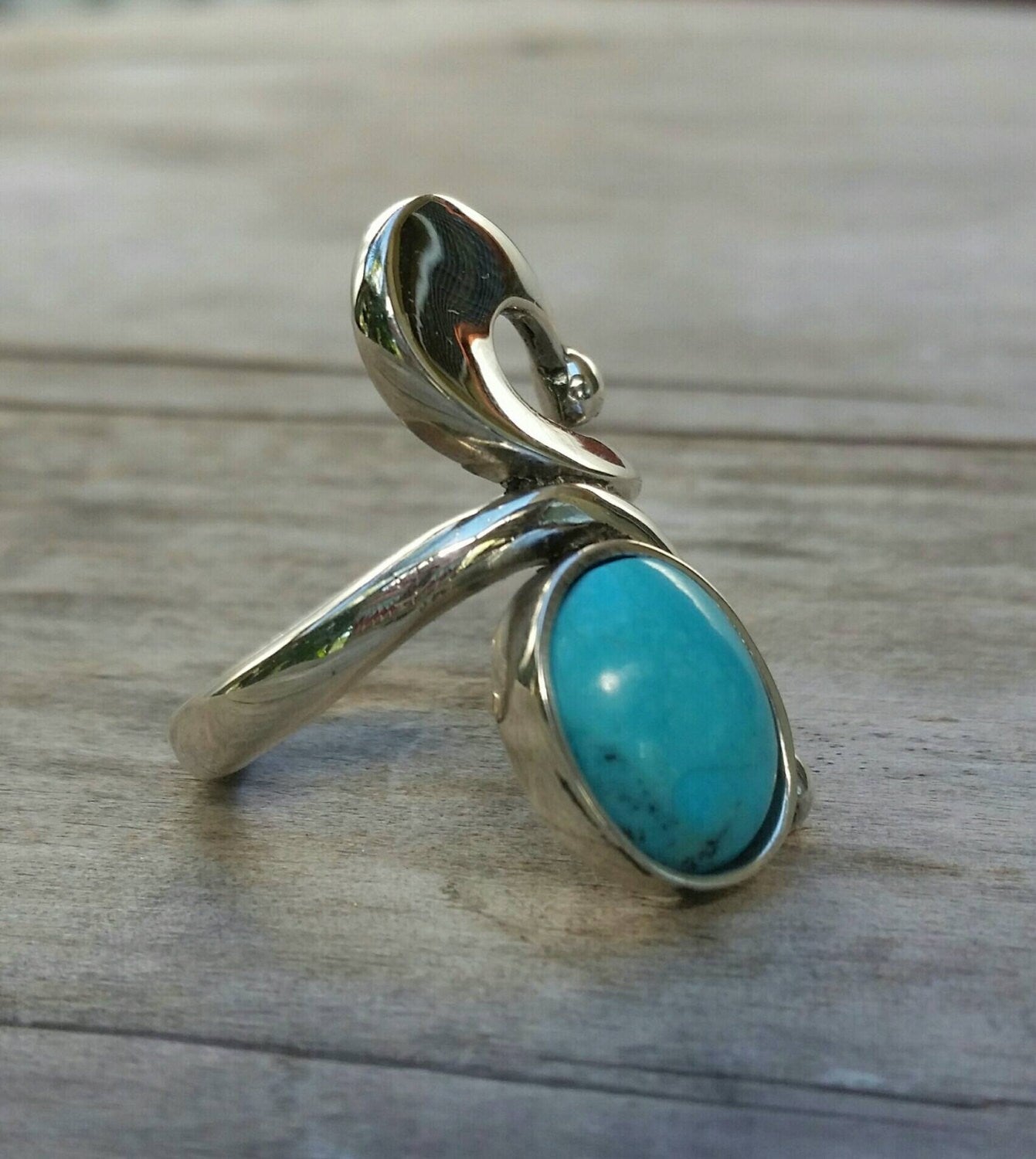 Long turquoise ring sterling silver art deco art nouveau swirl.