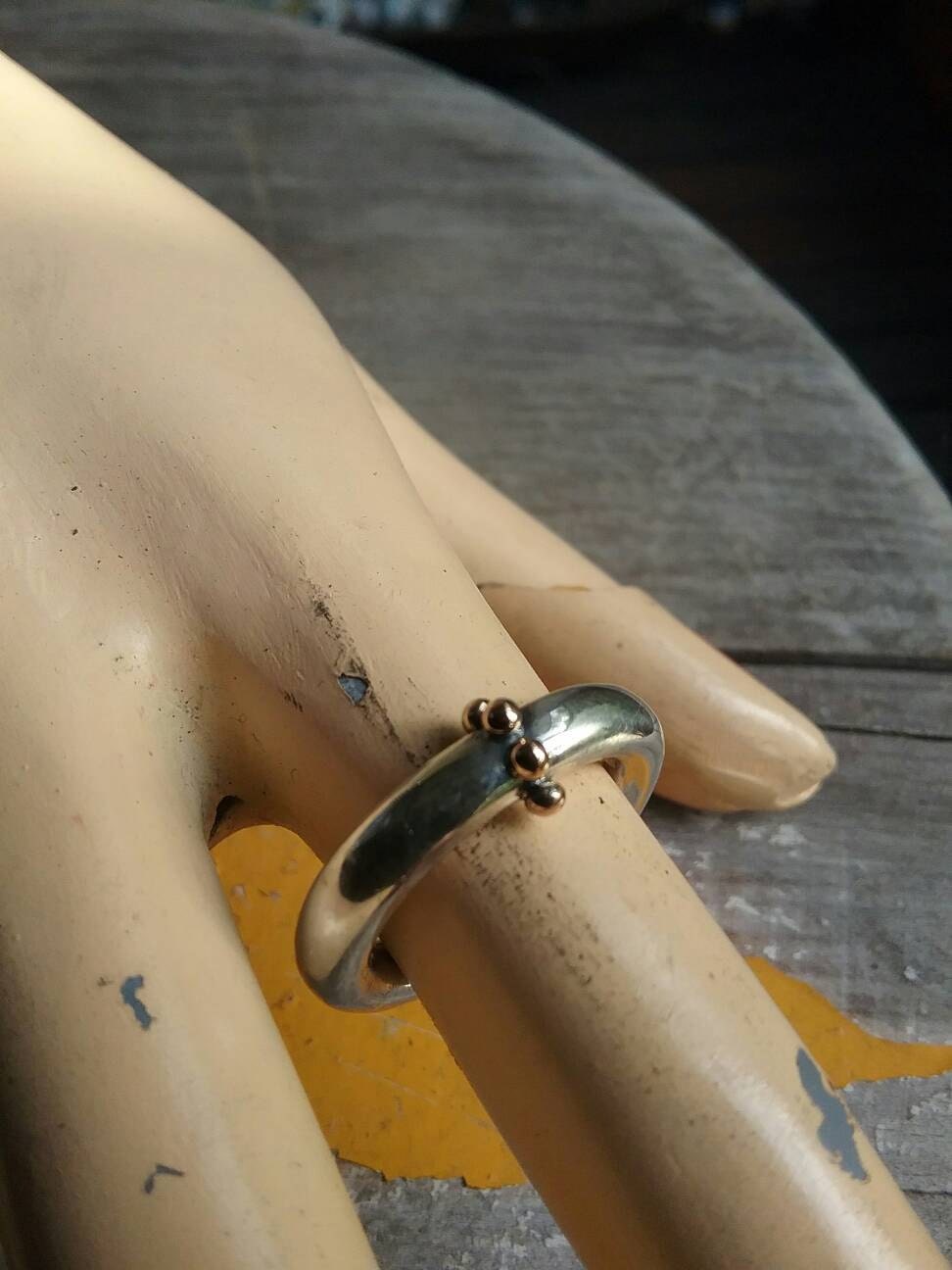 Gold and silver,two tone ring.thick round sterling silver ring, with 10k gold balls, unisex ring, wedding ring,chunky band