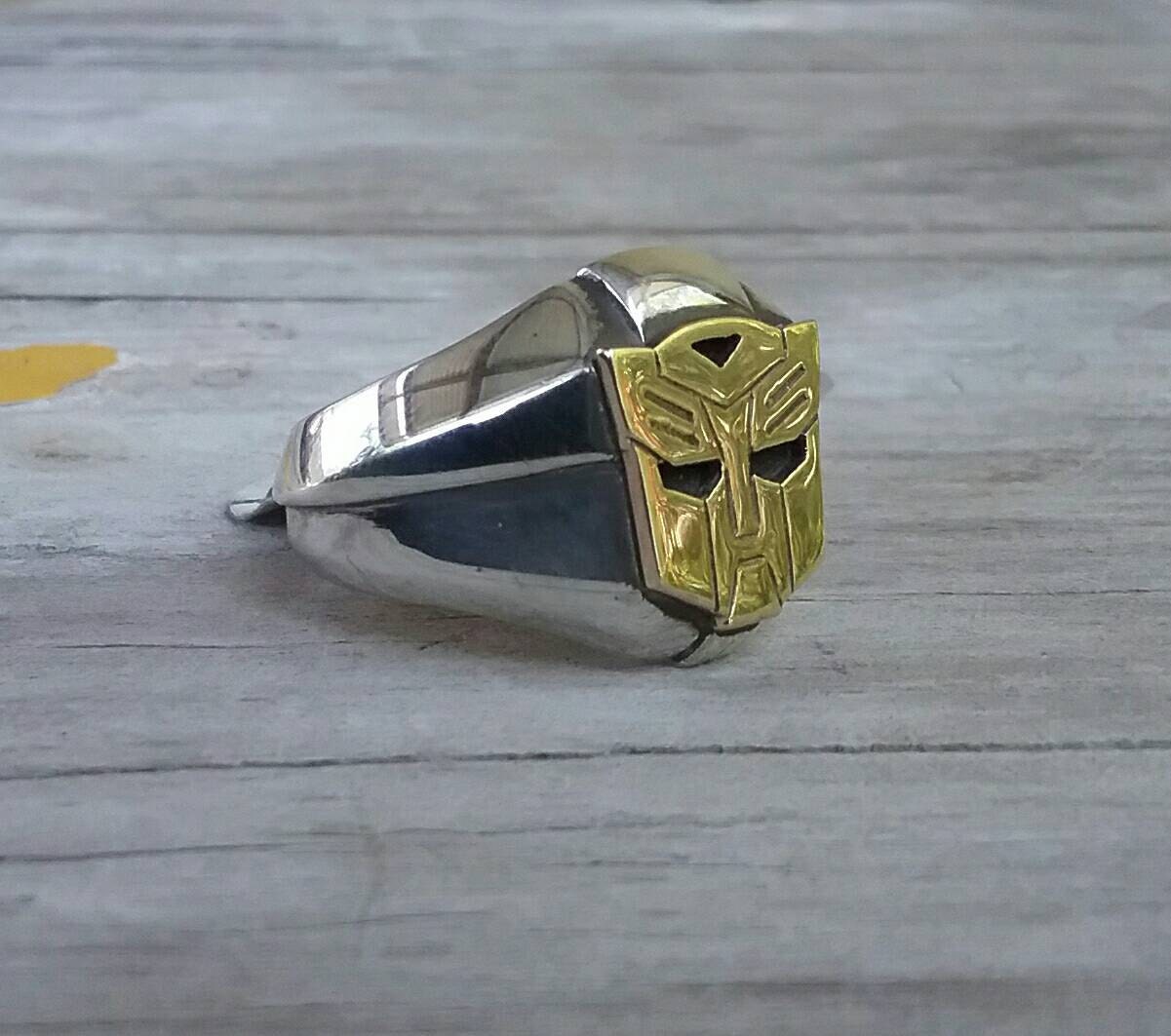 Robot ring,two tone ring,solid sterling silver ring,9ct gold top,handmade, decepticon,syfy,superhero,alien