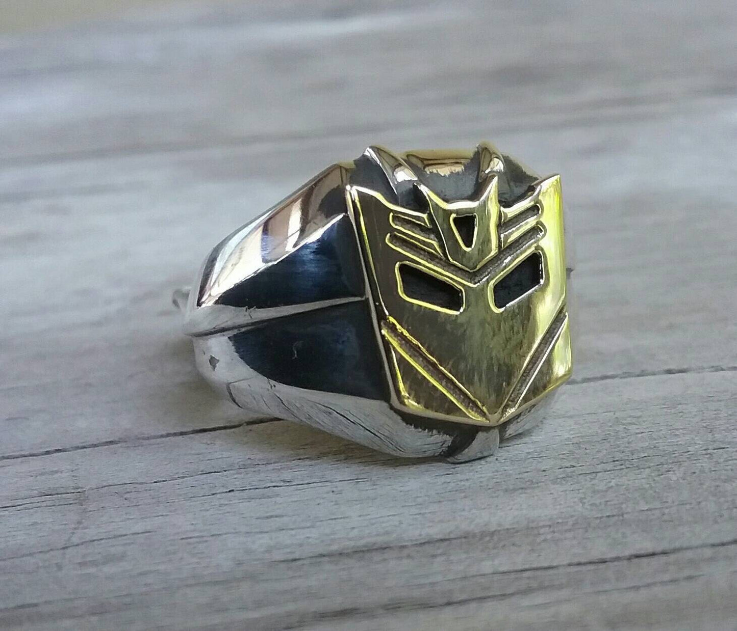 Robot ring,two tone ring,solid sterling silver ring,9ct gold top,handmade, decepticon,syfy,superhero,alien