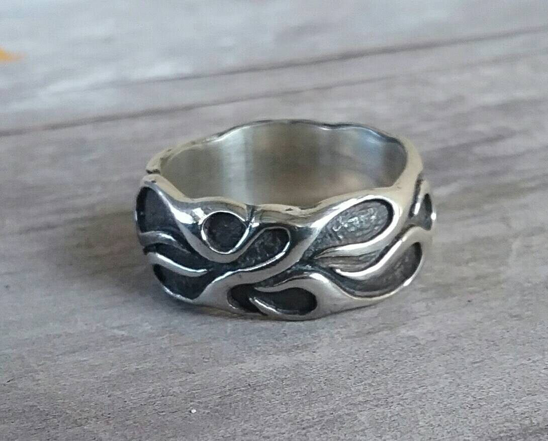 ornate flame ring,solid band, modern, sterling silver,dress ring, wedding,ed Roth,rockabilly,hipster,handmade