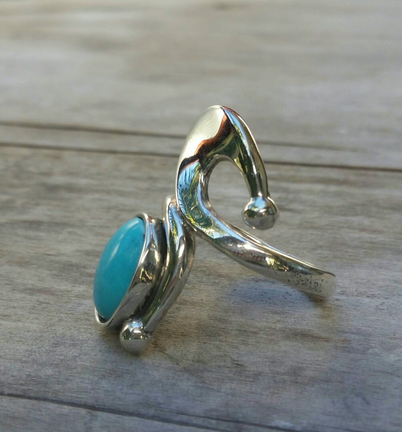 Long turquoise ring sterling silver art deco art nouveau swirl.
