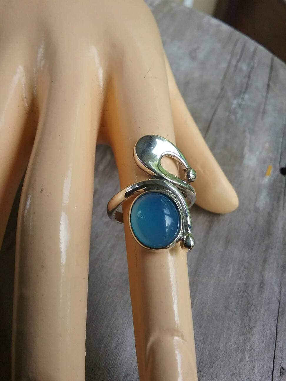 Blue chalcedony,blue stone ring,long ring,swirl,sterling silver, boho,hipster chic,womens fashion,goddess,hand made,MADE TO ORDER