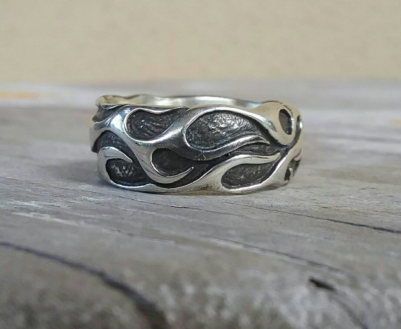 ornate flame ring,solid band, modern, sterling silver,dress ring, wedding,ed Roth,rockabilly,hipster,handmade