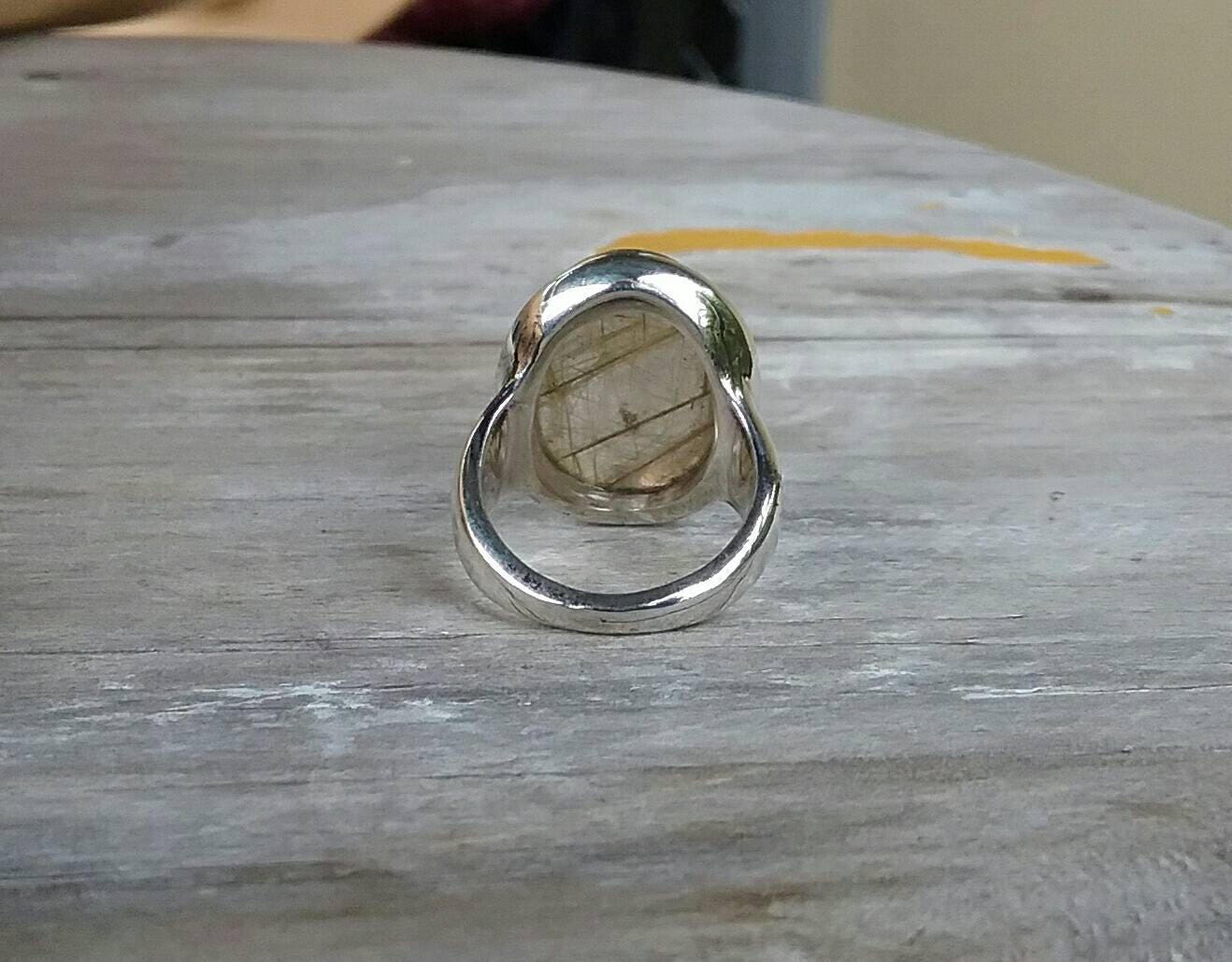 Golden rutilated quartz,925 sterling silver,long gemstone ring, boho
