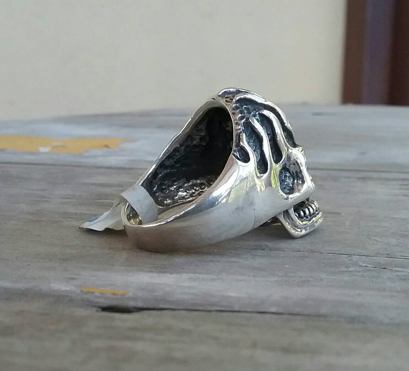 Vampire ,Skull ring, red eyes, flames,ed roth,skeleton, steampunk,gothic,punk, sterling silver,handmade,hipster,