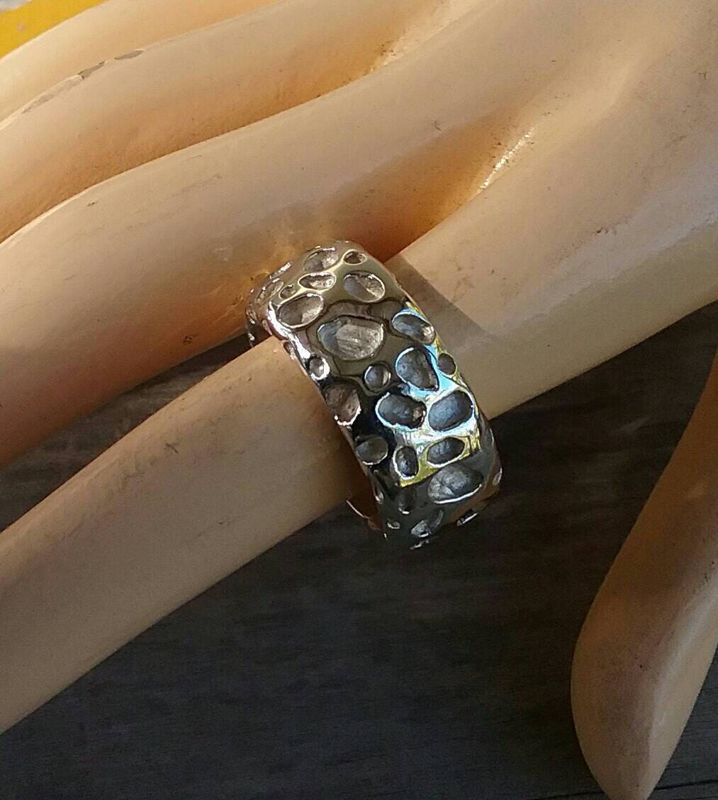 Wide mens ring,chunky heavy,solid sterling silver band,rustic, hammered,nugget, wedding dress ring