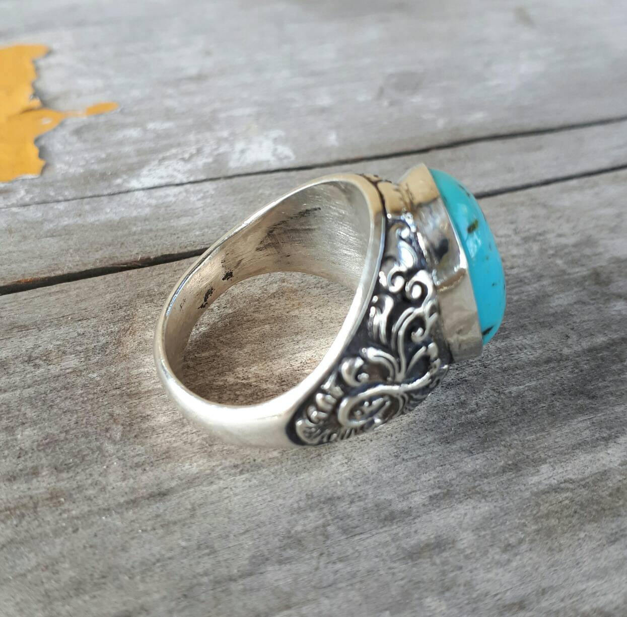 Turquoise mans sterling silver dress wedding dress ring antique scroll pattern