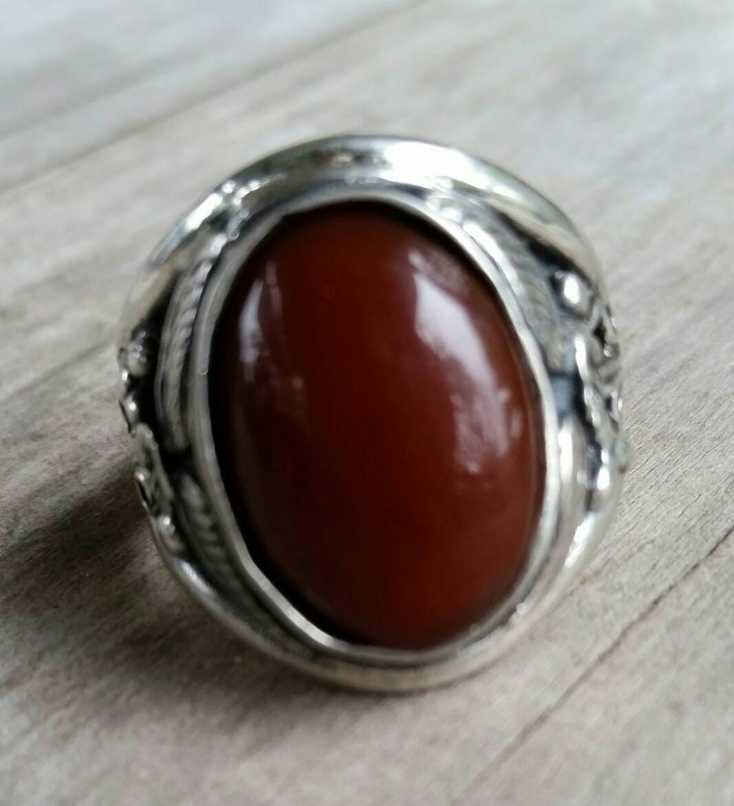 Carnelian sterling silver dress wedding dress ring leaf pattern