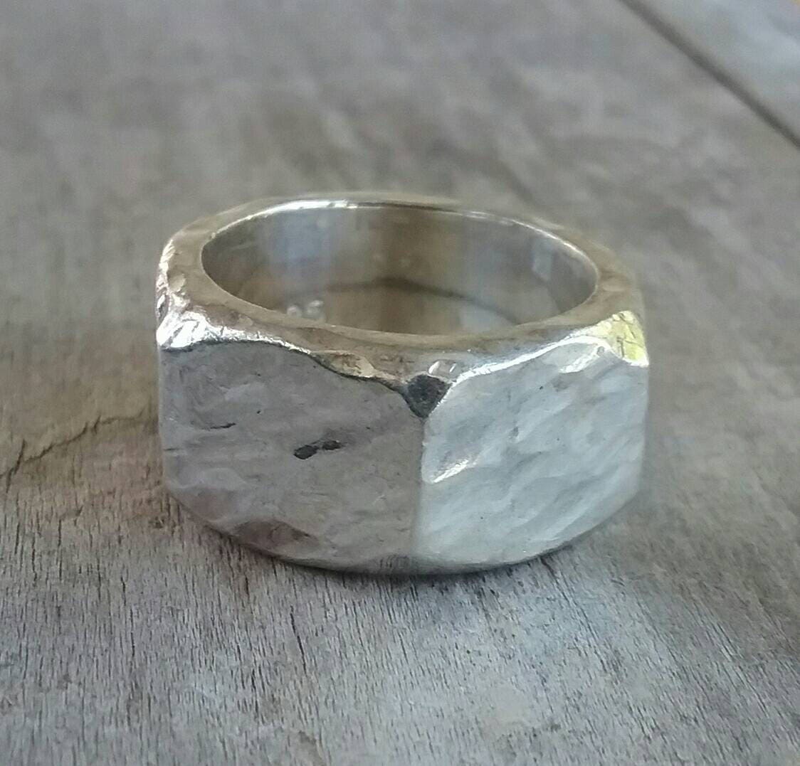 Hexagonal chunky ring,heavy, solid ring,hammered,handmade,unisex ring, sterling silver wedding ring,heavy band,industrial,