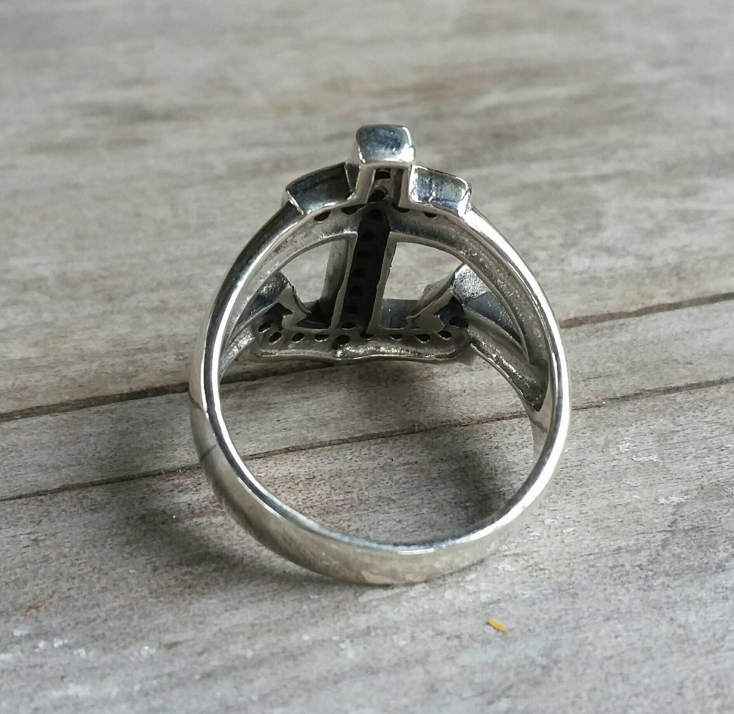 anchor ring black stone nautical sailor rockabilly wedding sterling silver ring