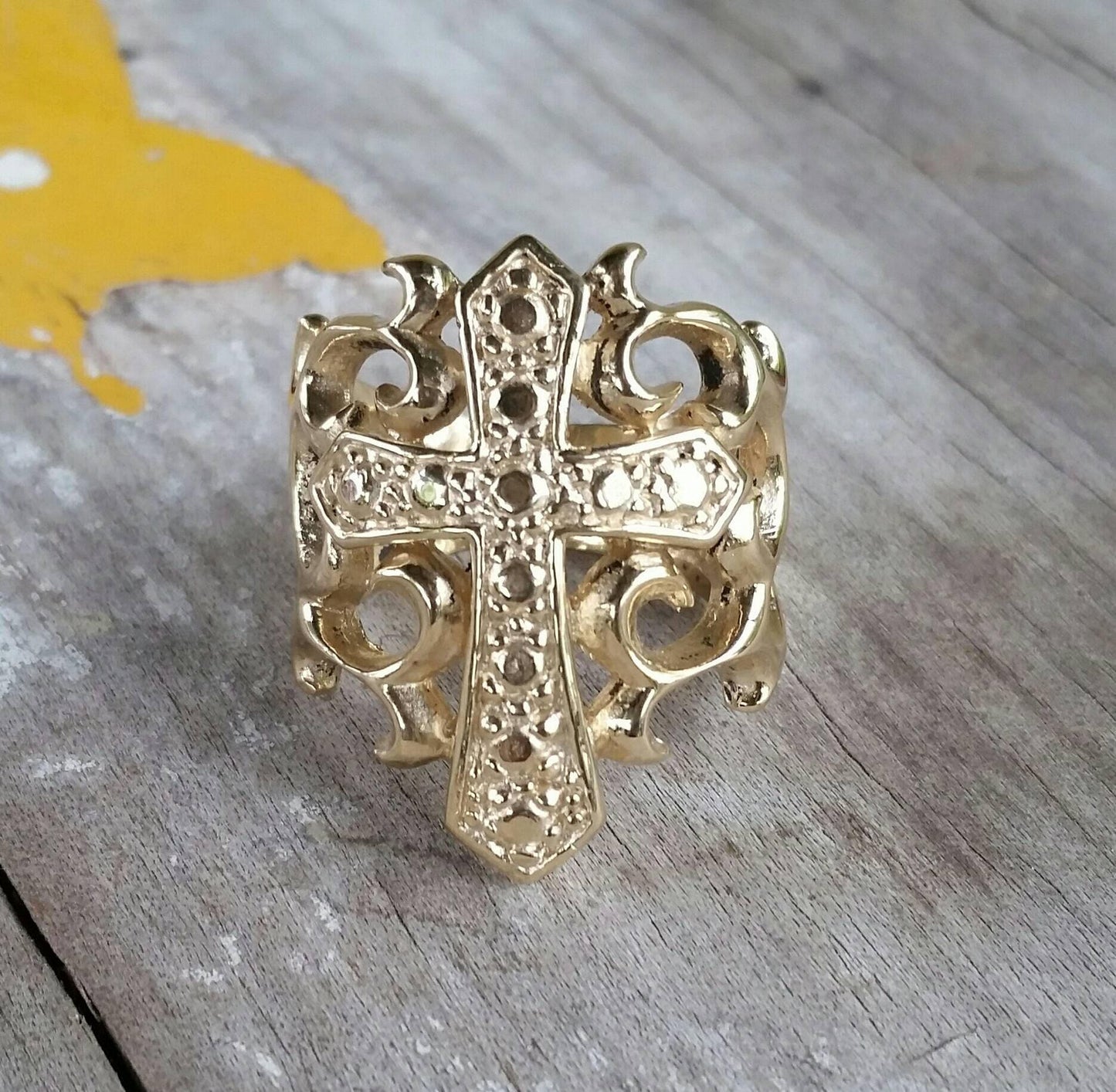 gold cross ring,large ring, 9ct gold,ornate, filegree,steampunk ,wedding ring,baroque,vintage,religious,christin,church,maori koru